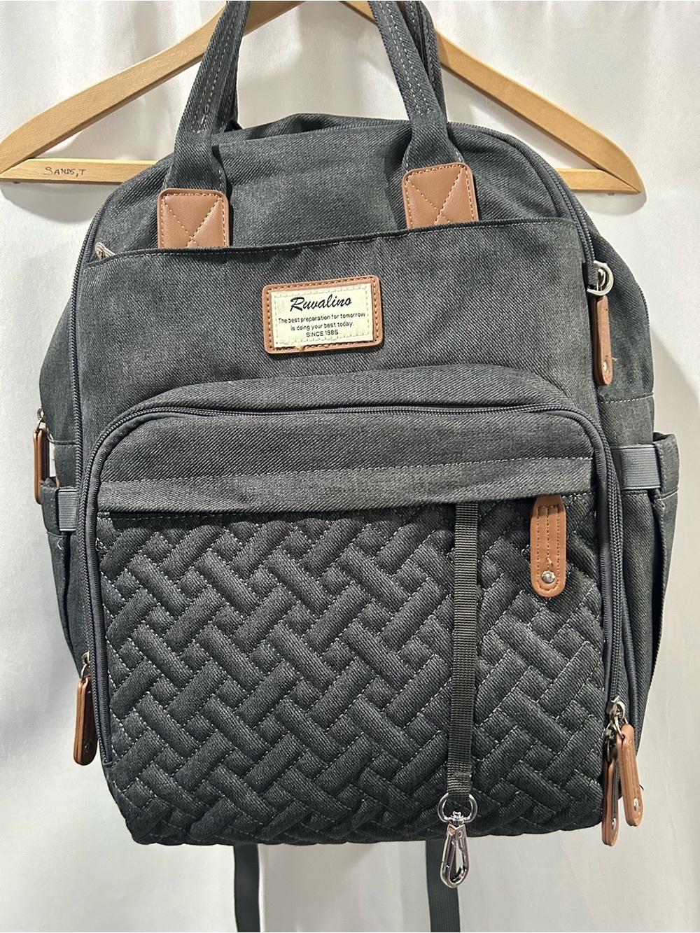 LN Ruvalino Quilted Charcoal Baby Bag Backpack with Tan Trim